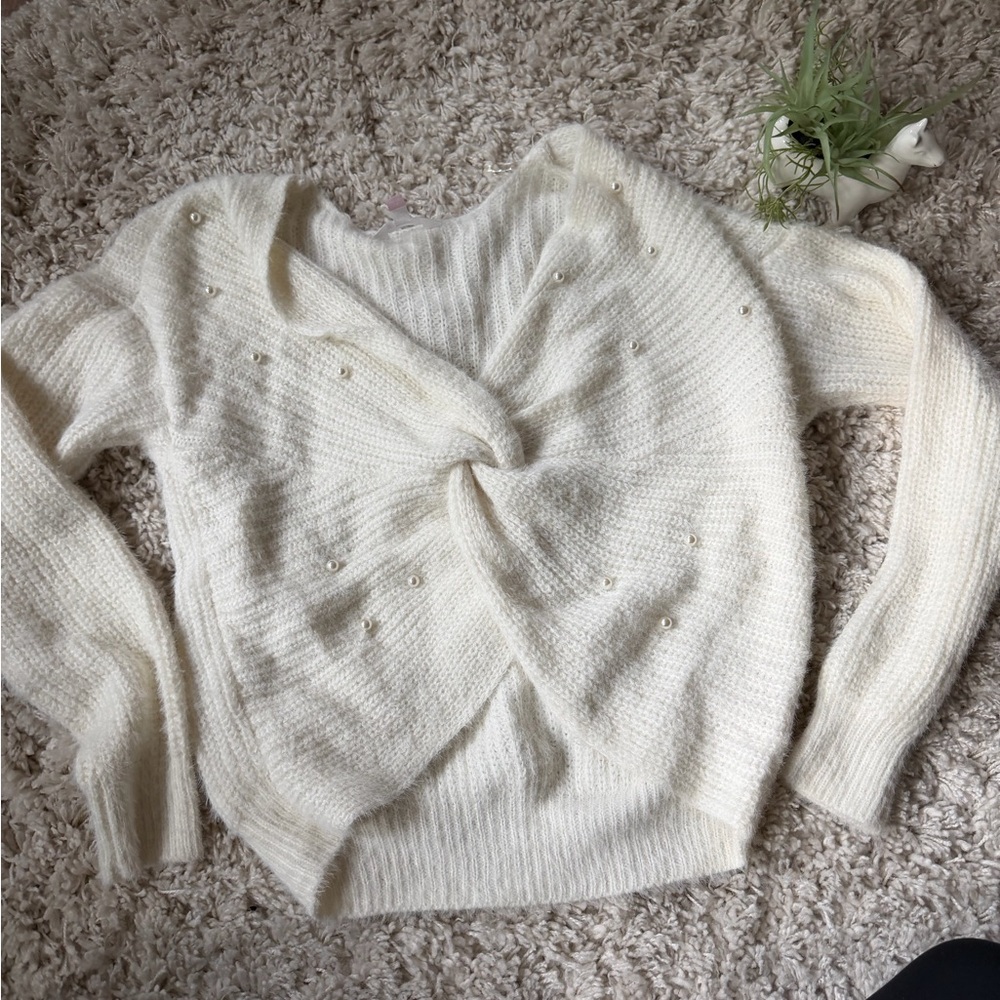 No Boundaries holiday Christmas Cream V-Neck Sweater with Pearl Details